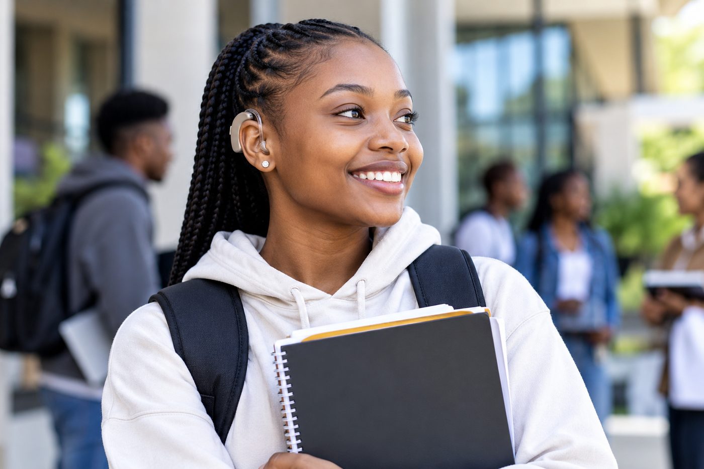 A smiling student wearing a hearing aid, holding her notebooks on campus
