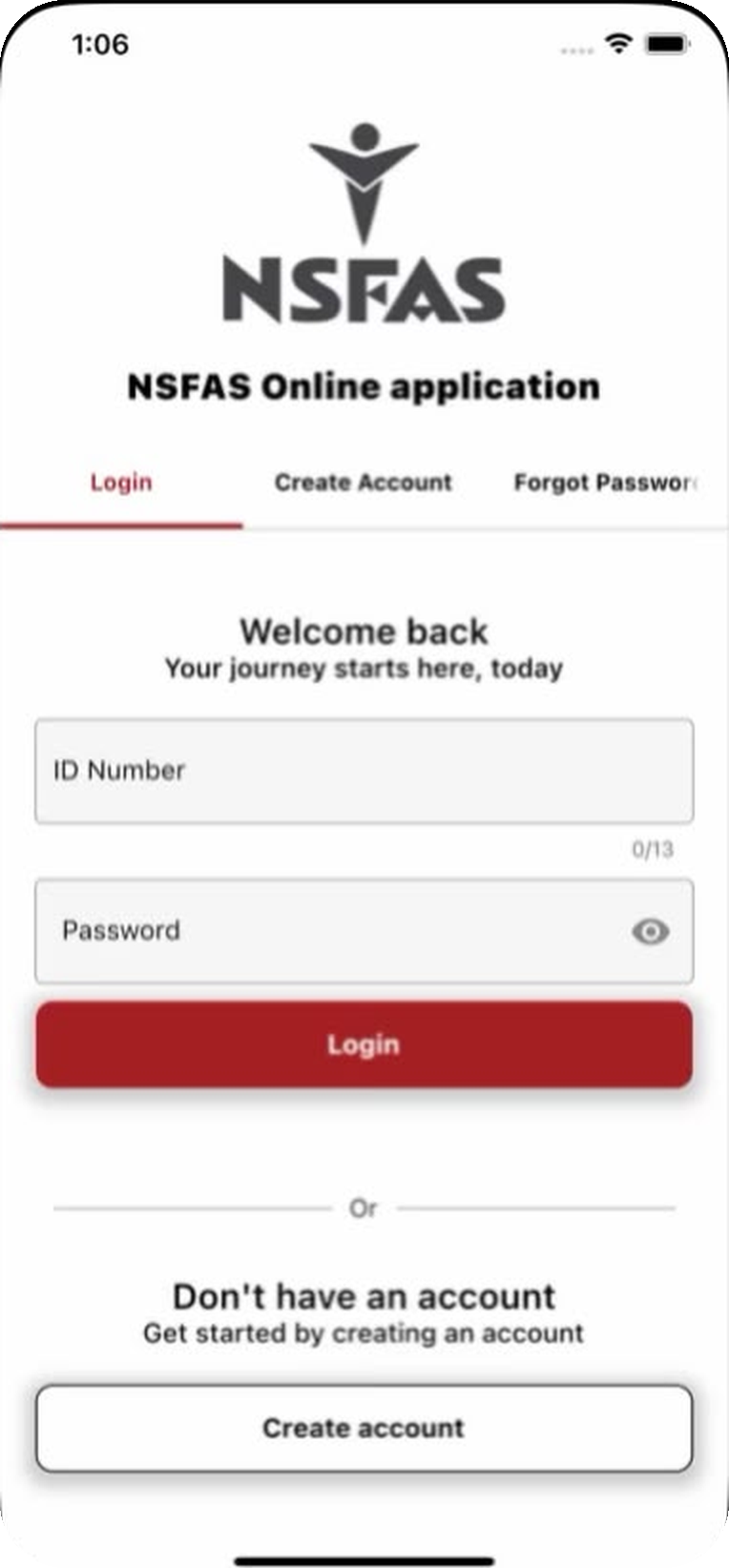 The myNSFAS app sign-in screen on a phone