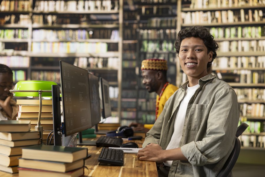 A student smiling at a library computer workstation