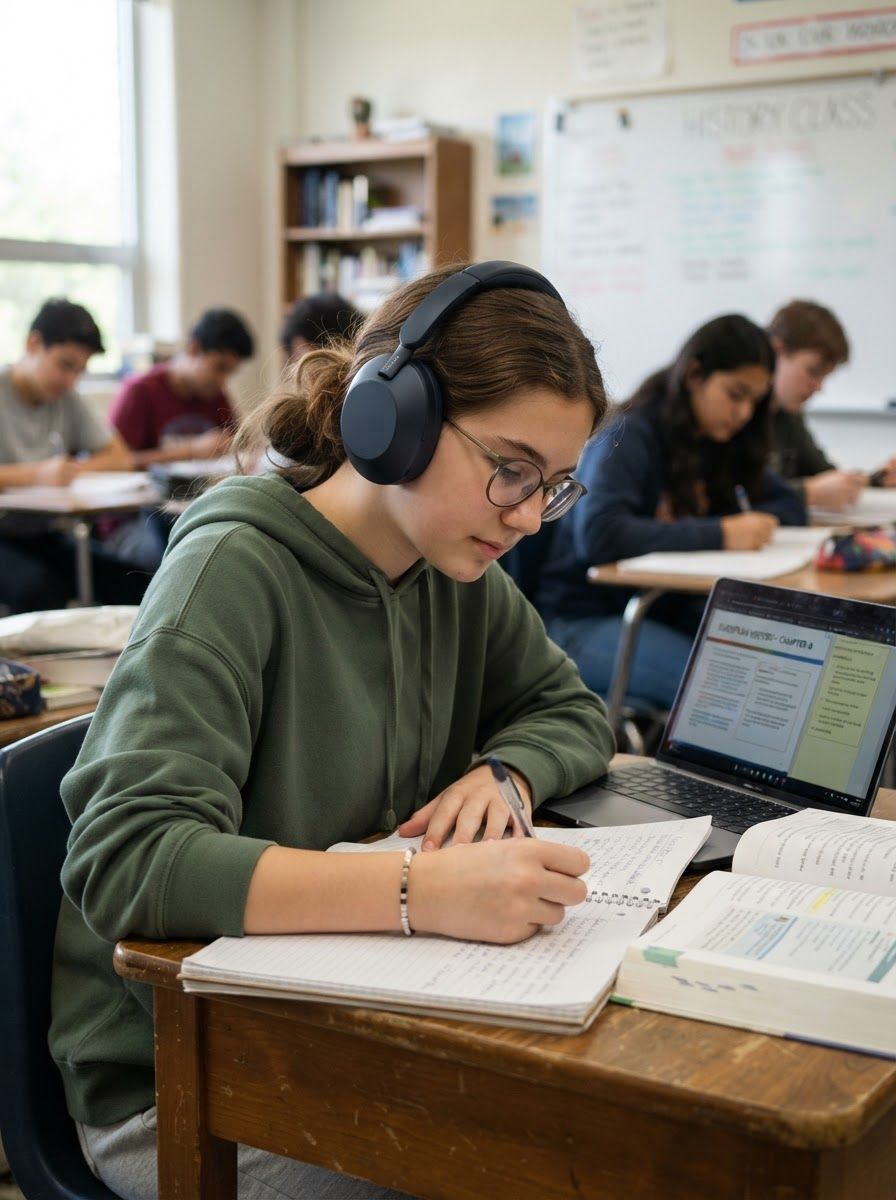 A student wearing headphones writing notes beside her laptop